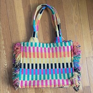 Nalini multi colored rainbow woven tote bag with fringe